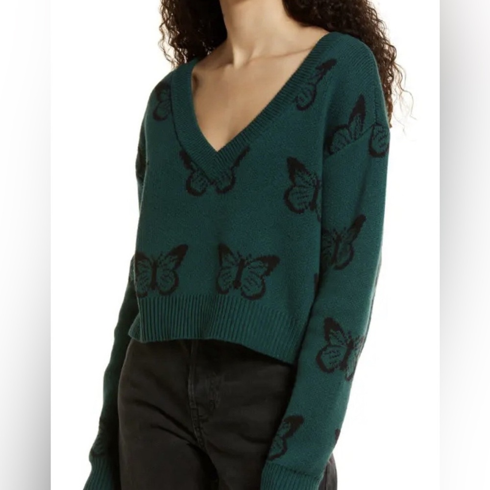 PacSun Intarsia V-Neck Sweater Teal Butterfly print
